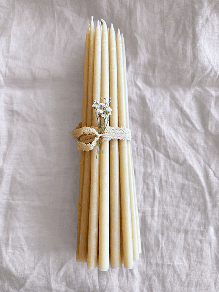 Wonky & Wonderful · Big Bunch Beeswax Hand Dipped Tapers · 1cm wide x 30cm high