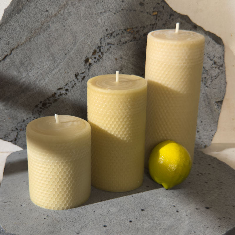 Grand · Pure Beeswax 8cm+ Pillar · Warm Natural Golden Light