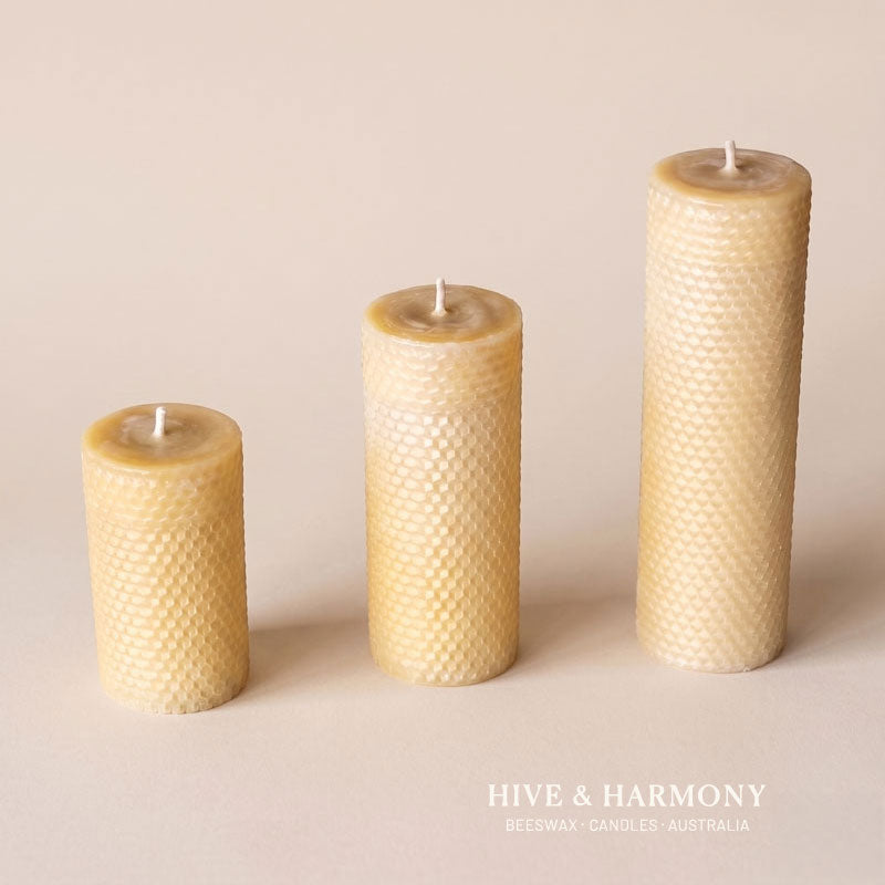 Signature · Pure 6cm Beeswax Pillar · Warm Natural Golden Light