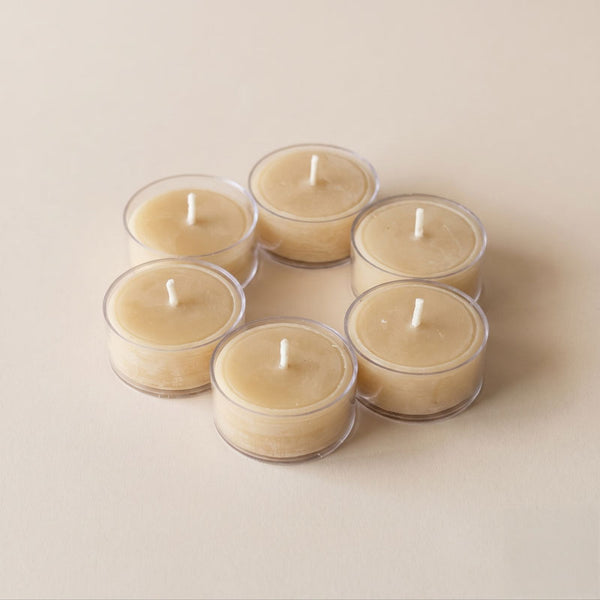 Tealight Six-Pack · Pack of Six Beeswax Tealights · 4 Hours each of Golden Warm Light